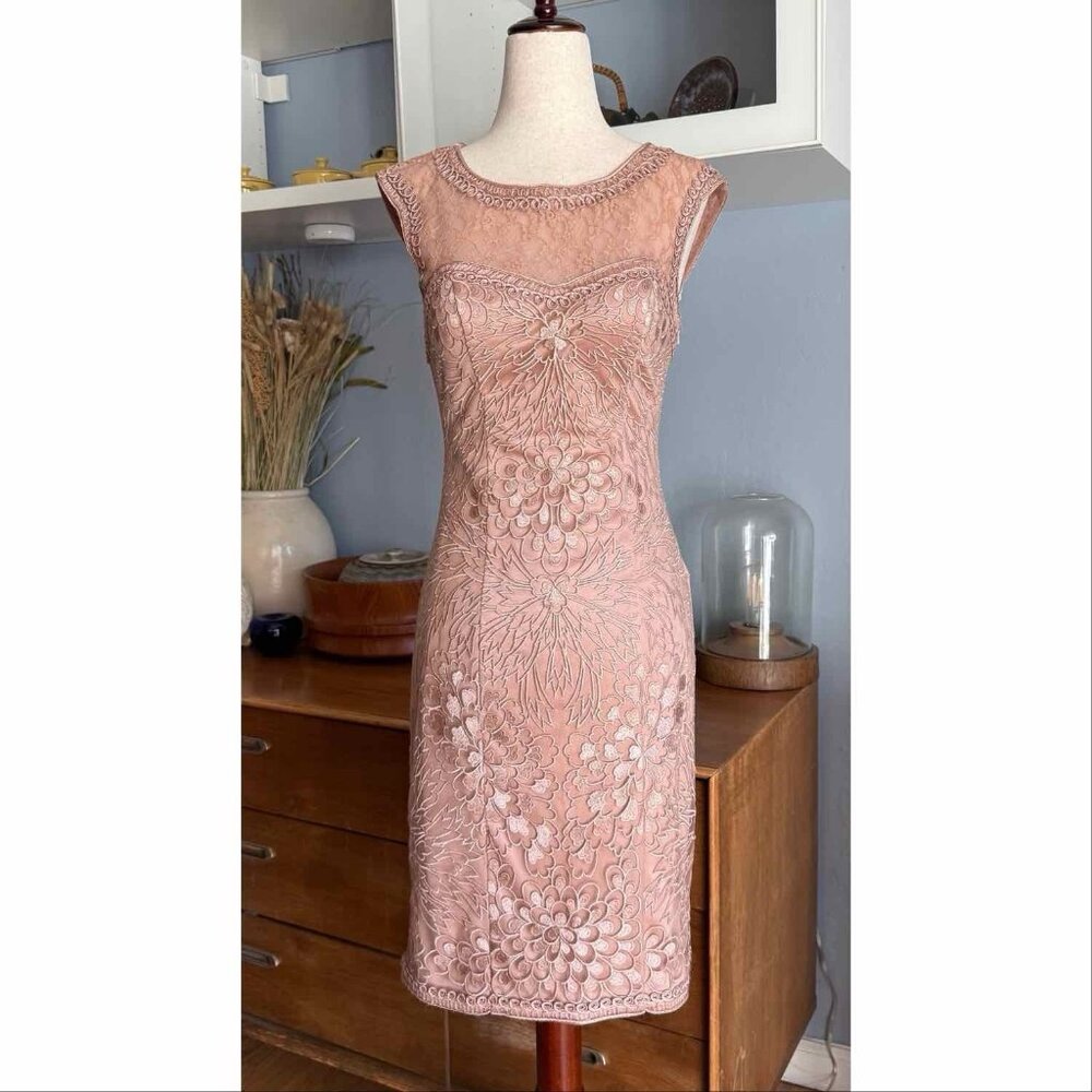 Sue Wong Mixed Lace Sheath Dress in Sandalwood Cocktail Party Sz 2
